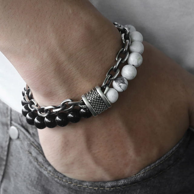 Two-strand bracelet featuring black and white beads for men and women in jewelry collection.