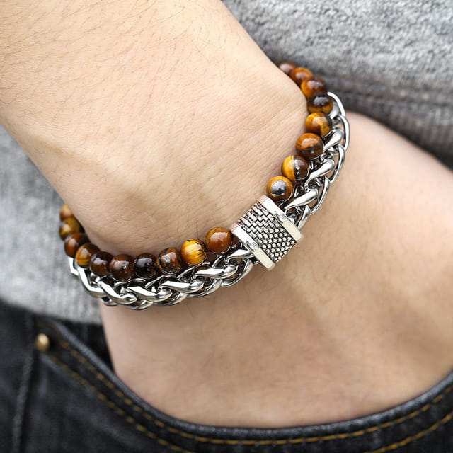 Tiger’s Eye Bead and Chain Bracelet from Men’s and Women’s Jewelry Collection