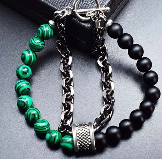 Multi-strand bracelet featuring green and black beads for men and women’s jewelry.