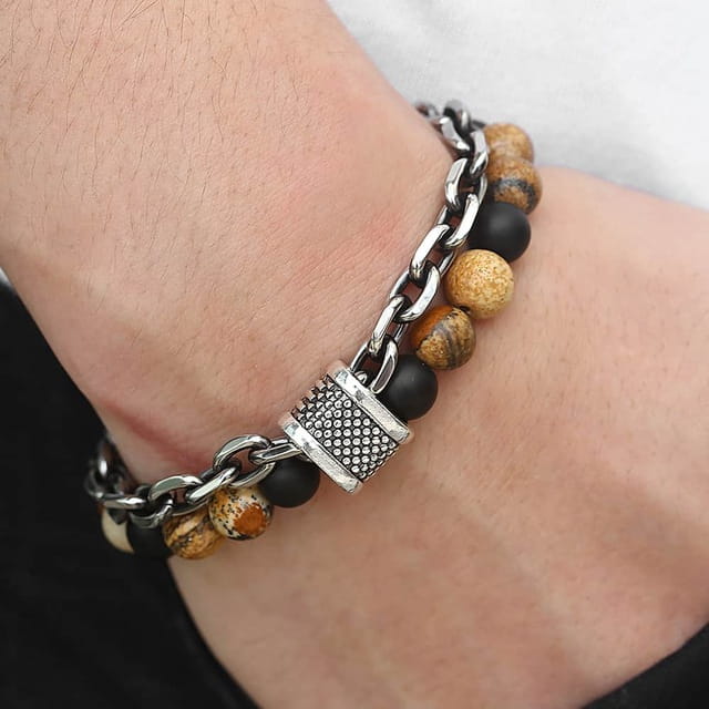 Two-strand bracelet featuring beads and chain for men and women. Men’s Jewelry collection.