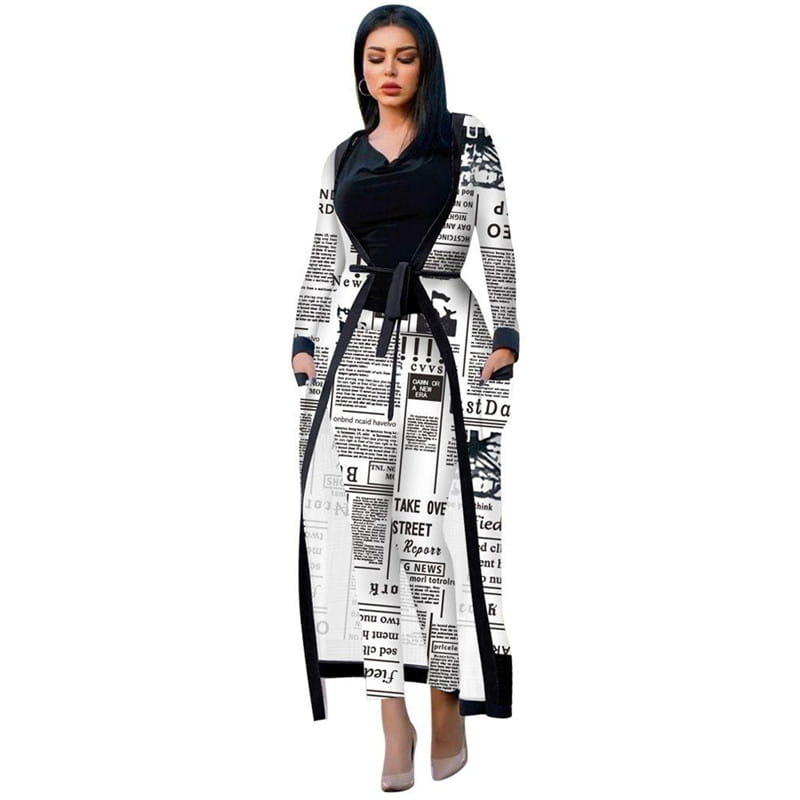 Woman’s newspaper-print dress with black accents featured in a stylish two-piece suit.