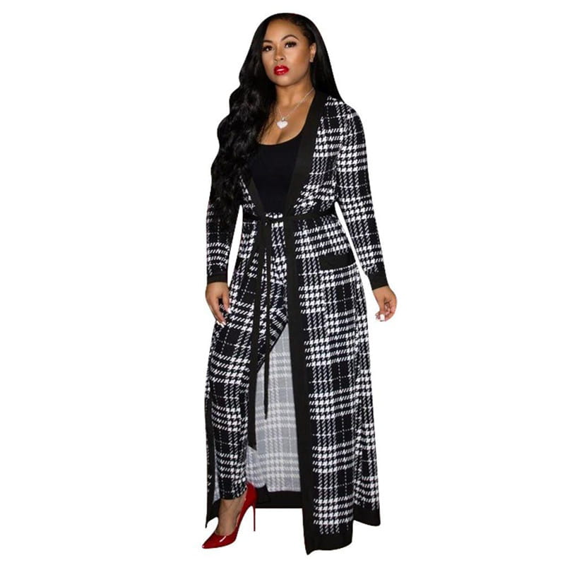 Black and white plaid pantsuit, two-piece women’s outfit with pockets and belts for nightclubs.