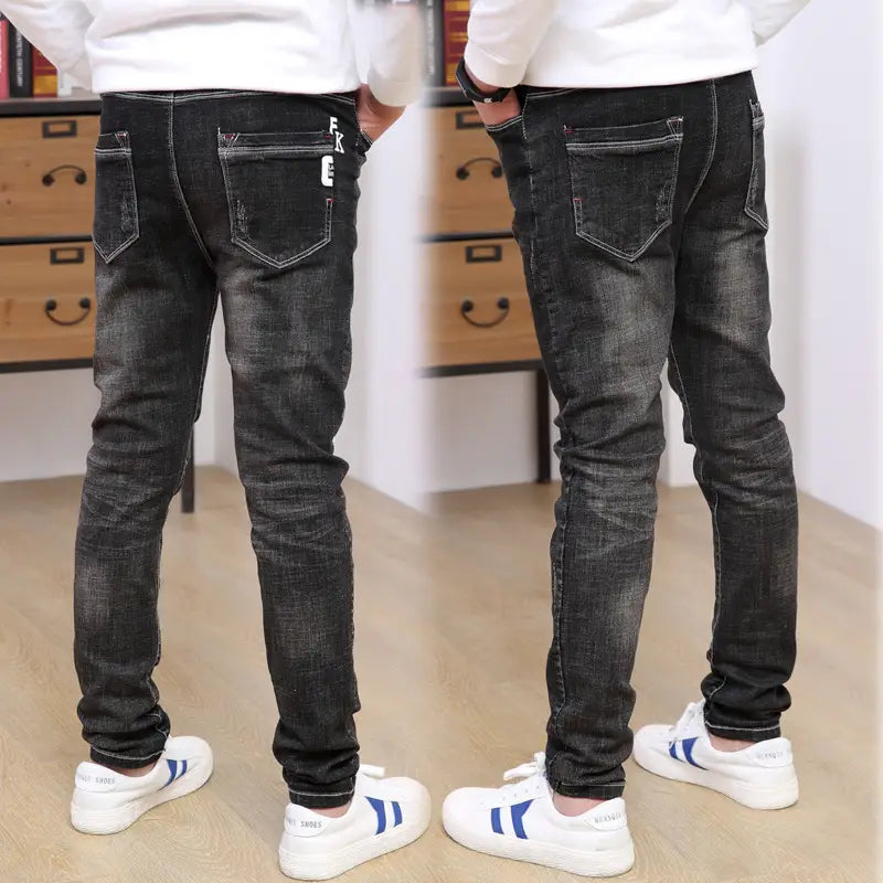 Autumn And Winter Black Slim-Fit And Warm Middle-Aged Children’s Trousers