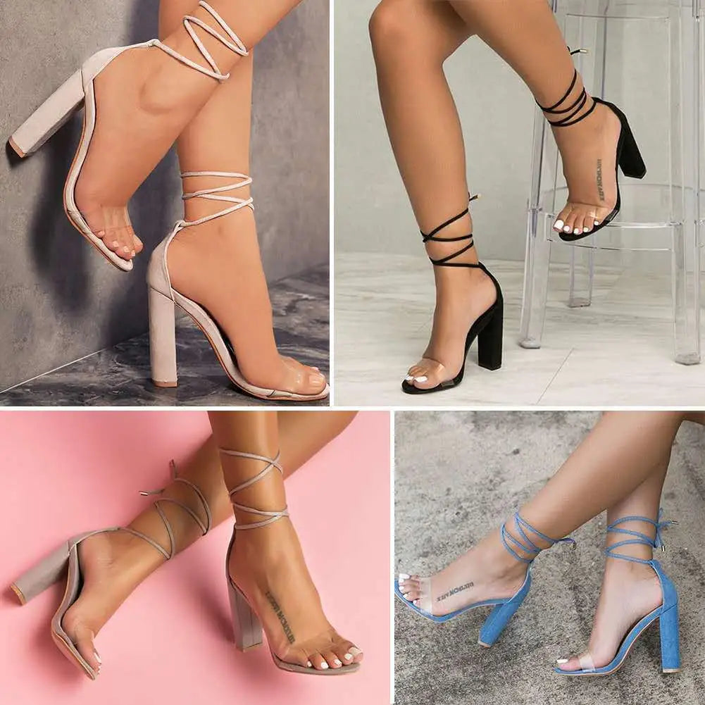 Wish Cross-border Foreign Trade Large Size High Heel Sandals Ladies Thick Heels Fashion Ankle Strap High Heels High