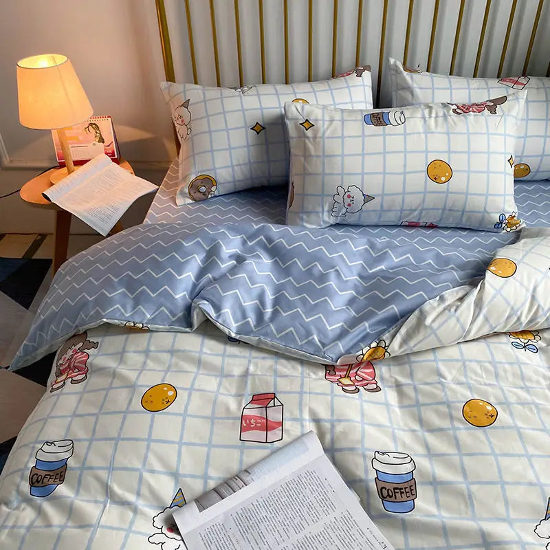 Cartoon-themed bedding set for student dormitory single bed sheets in three-piece set.