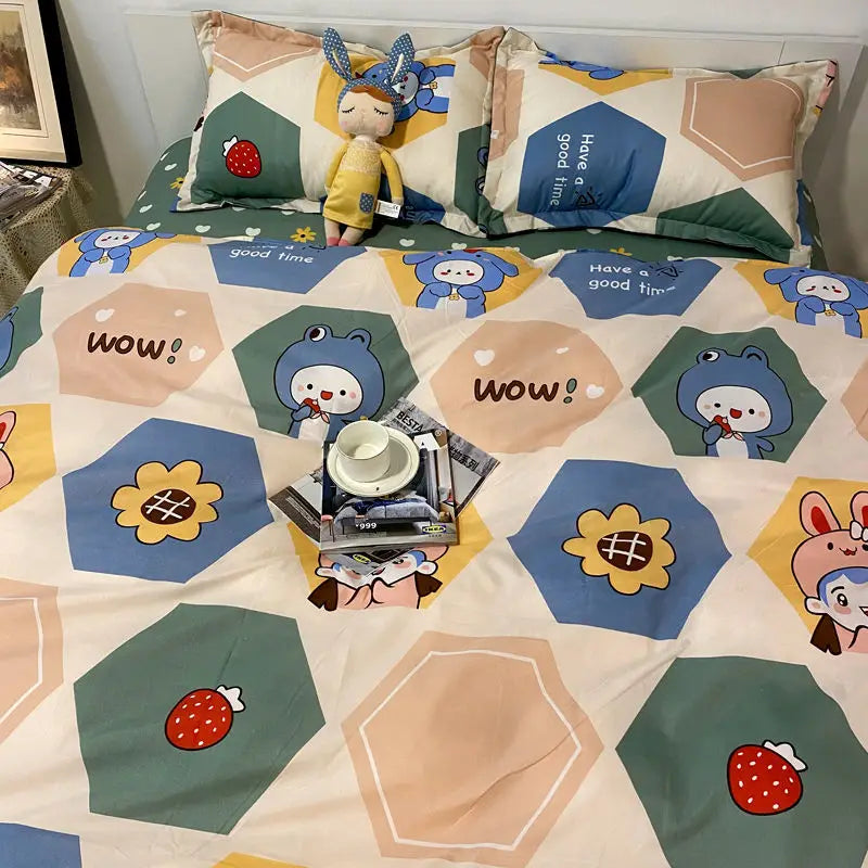 Cartoon-themed bedding set for student dormitory single bed sheets.