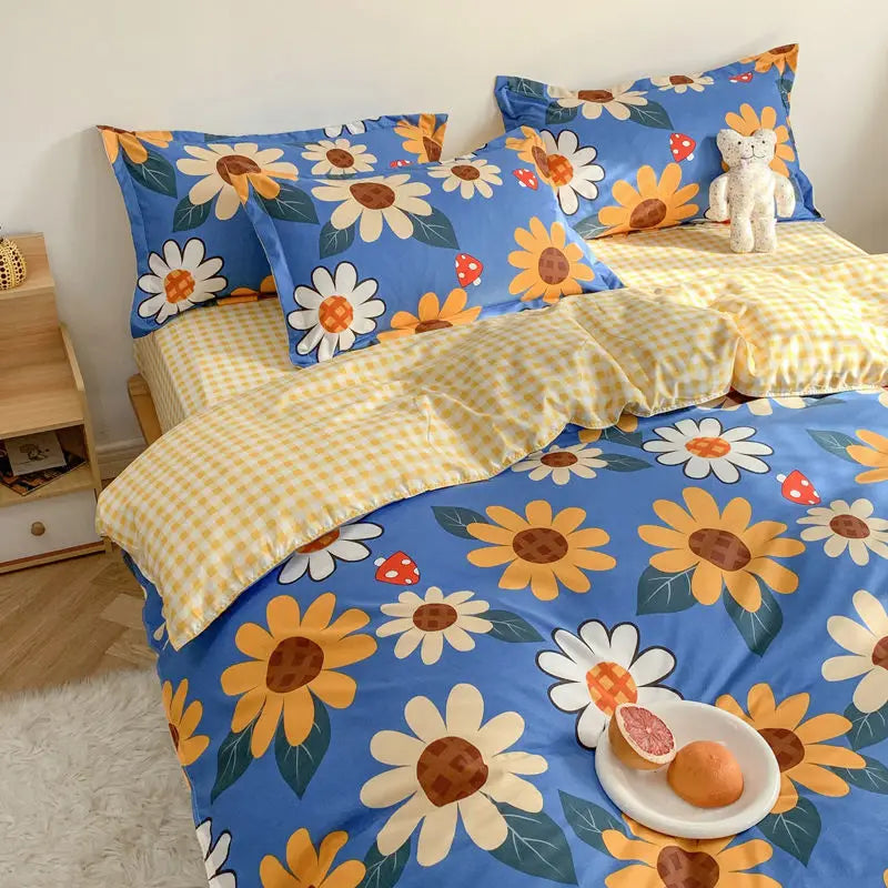 Floral and gingham bedding set in a three-piece single bed sheets for student dormitory.