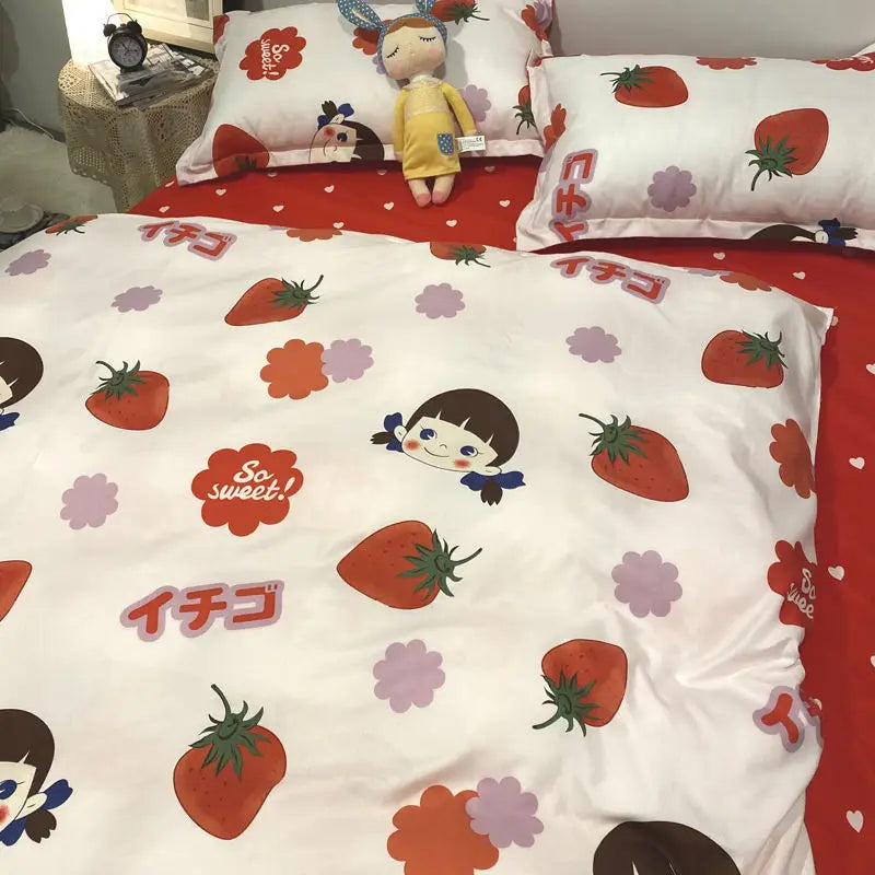 Strawberry-themed three-piece single bed sheet set for student dormitory use.