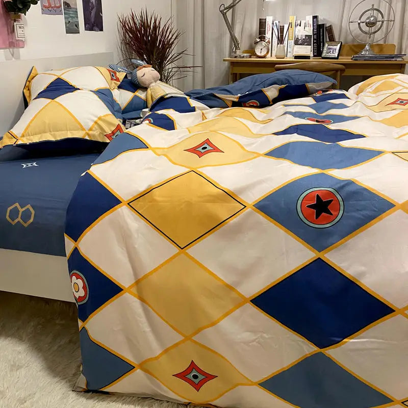 Patterned bedding set featured in Three-Piece Set of Single Bed Sheets for student dormitory.