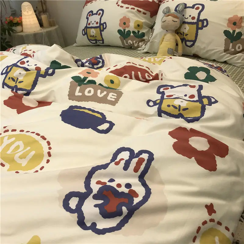 Cartoon-themed bedding set in a three-piece single bed sheets for student dormitory.