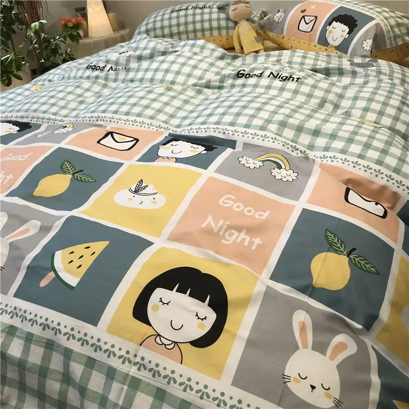 Cartoon-themed bedding set in a three-piece single bed sheets for student dormitory.
