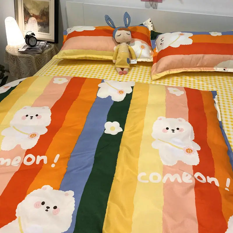 Colorful bedspread featuring cartoon bears in a three-piece set for student dormitory bedding.