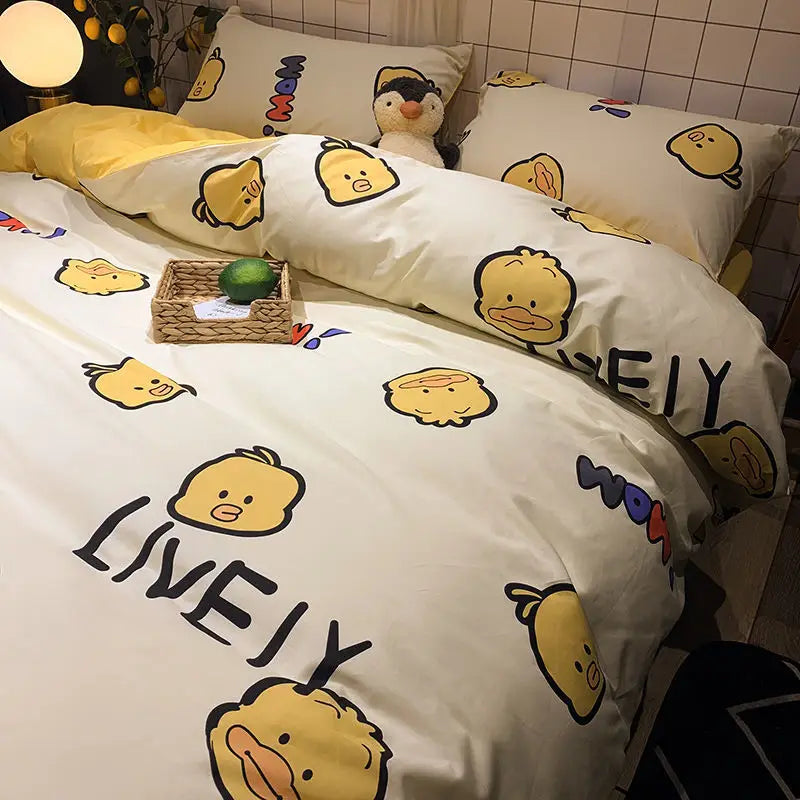 Duck-themed bedding set for single bed in student dormitory three-piece set.