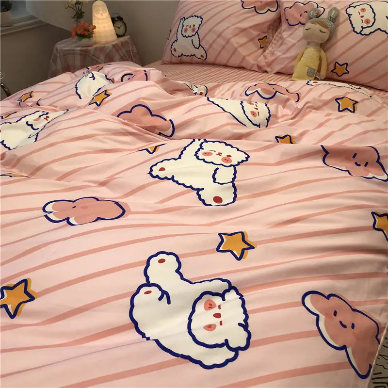 Pink striped bedding featuring cartoon bears and clouds for student dormitory use.