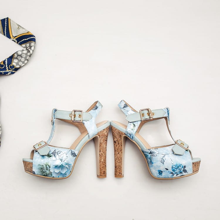 T-strap high heels with belt buckle
