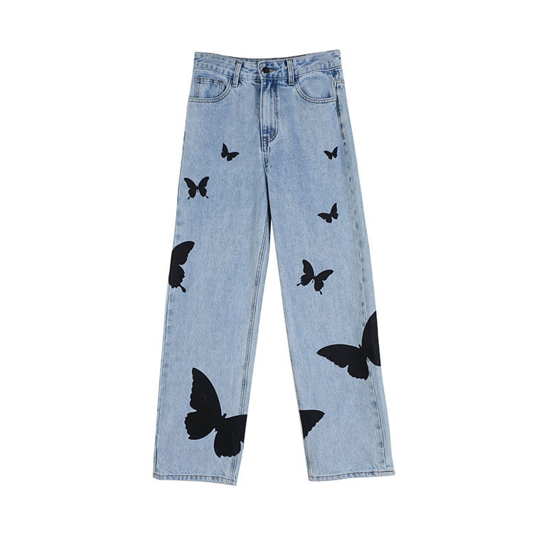 Women’s Butterfly Light Color Jeans Straight Wide Leg Pants