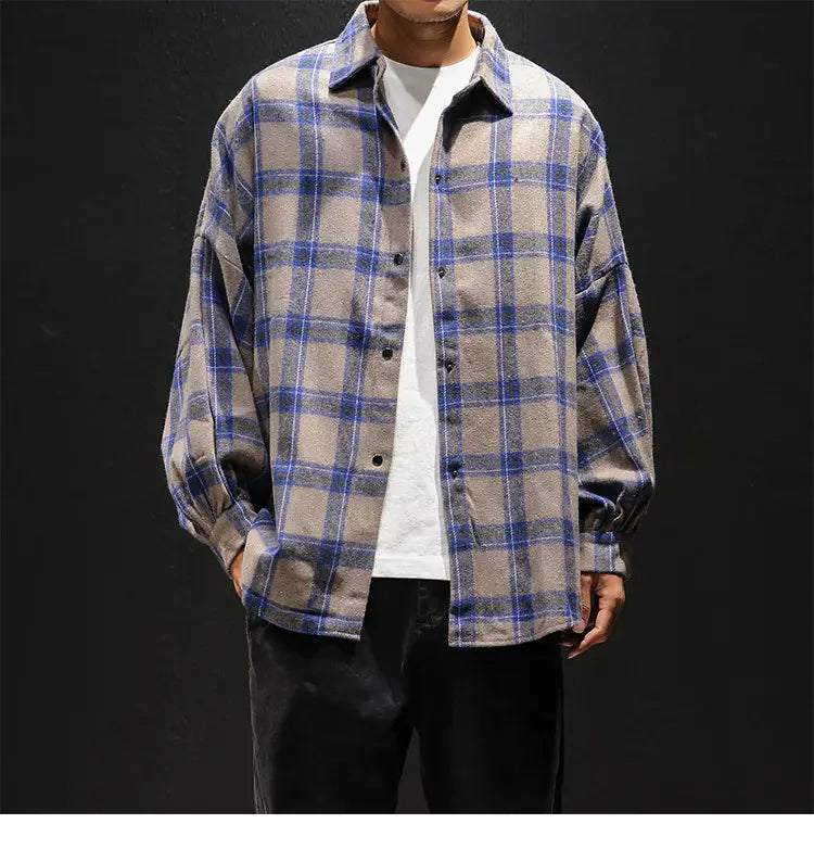 Plaid casual long sleeve shirt men