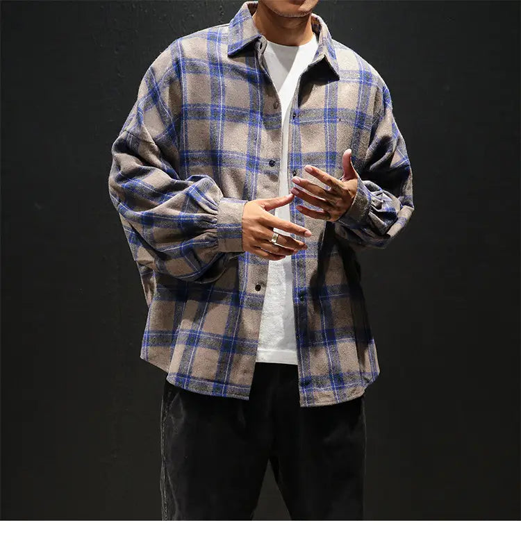 Plaid casual long sleeve shirt men