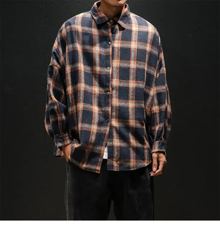 Plaid casual long sleeve shirt men
