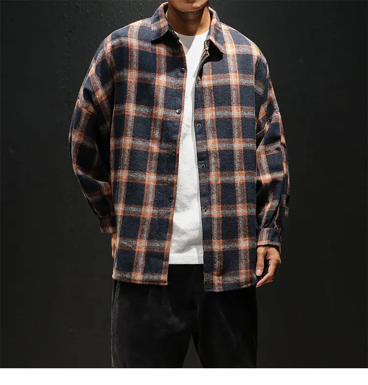 Plaid casual long sleeve shirt men