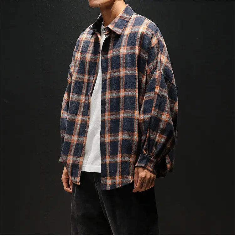 Plaid casual long sleeve shirt men