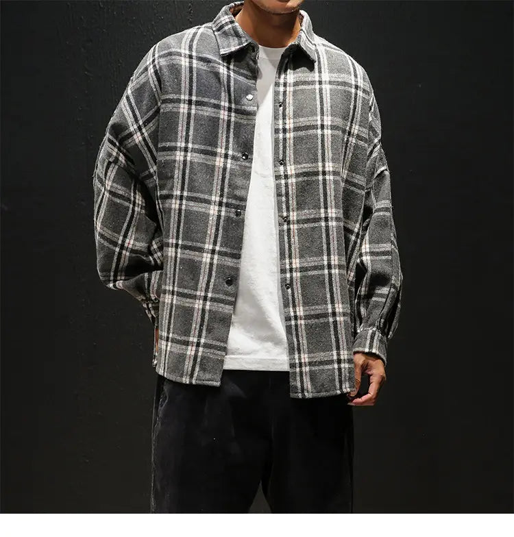 Plaid casual long sleeve shirt men