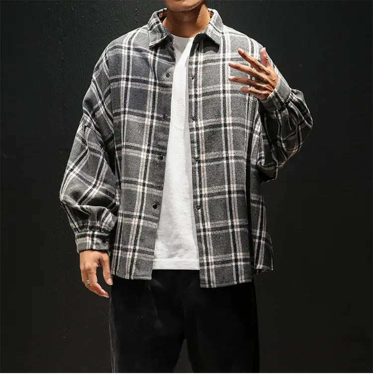 Plaid casual long sleeve shirt men