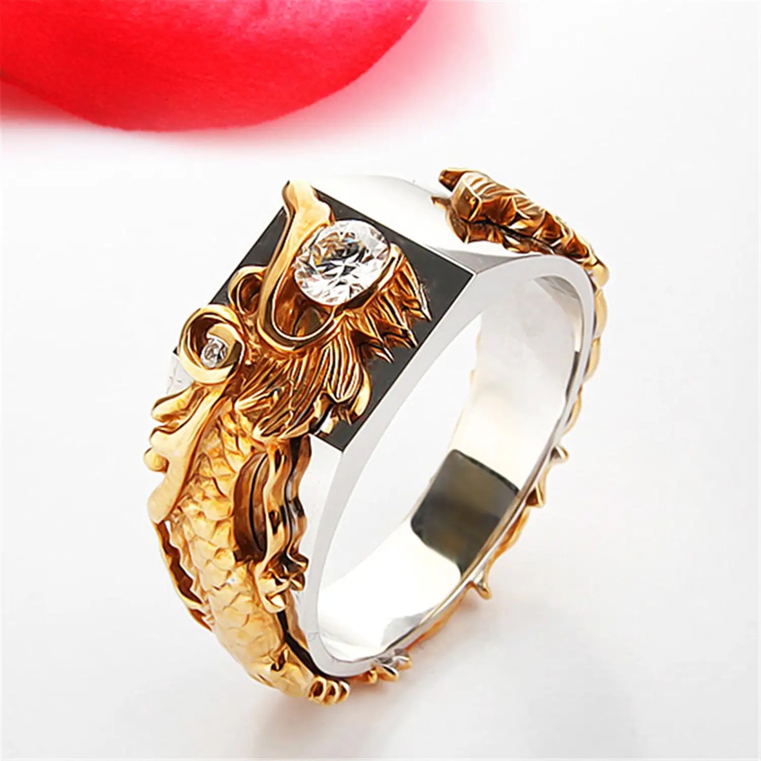 New Men’s Domineering Dragon Pattern Two-color Zircon Rhinestone Ring Fashion Punk Hip Hop
