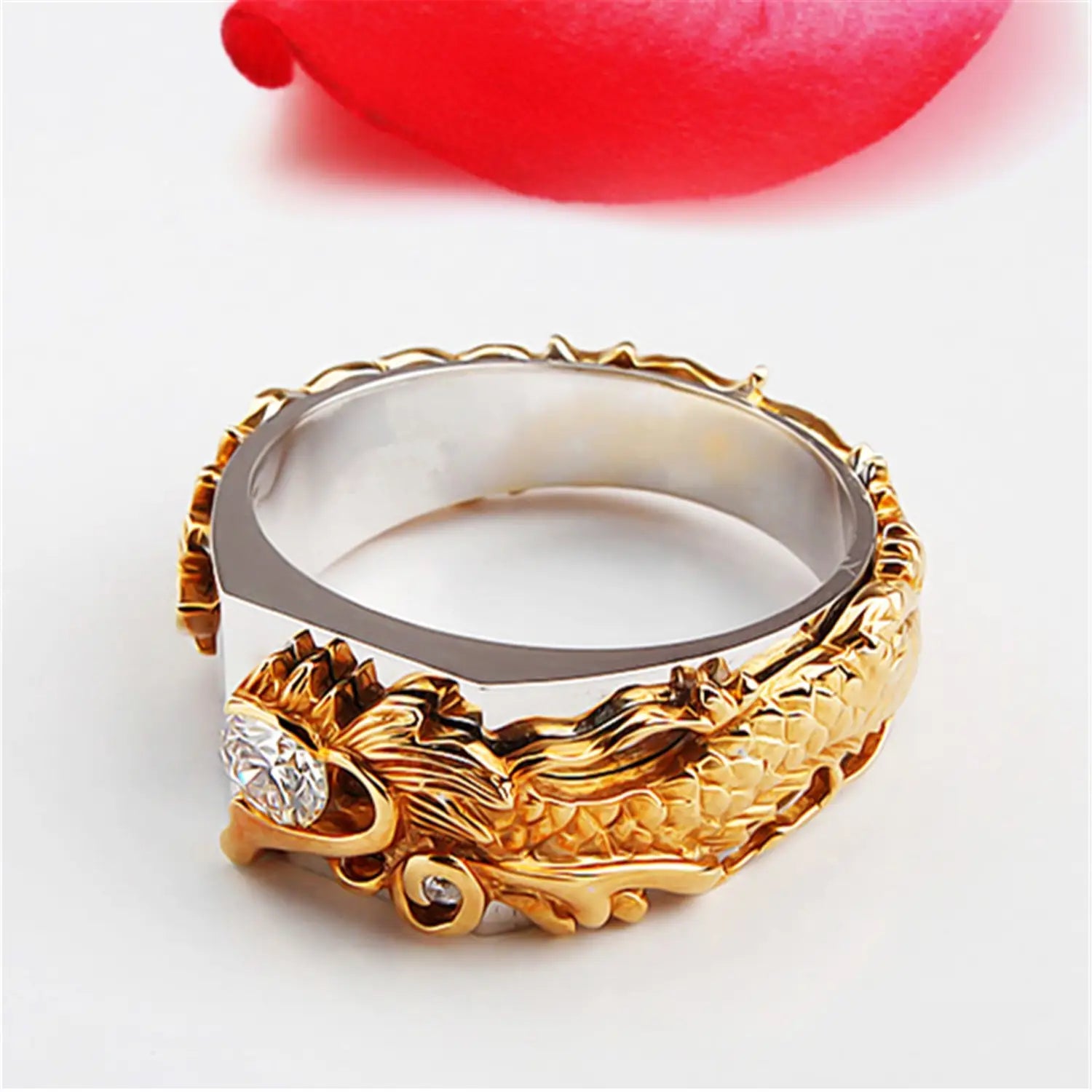 New Men’s Domineering Dragon Pattern Two-color Zircon Rhinestone Ring Fashion Punk Hip Hop