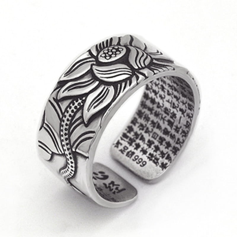 Thai Silver Black Men’S And Women’S Lotus Heart Sutra Ring