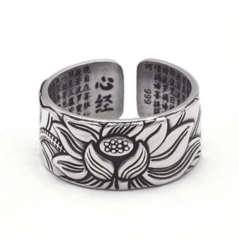Thai Silver Black Men’S And Women’S Lotus Heart Sutra Ring