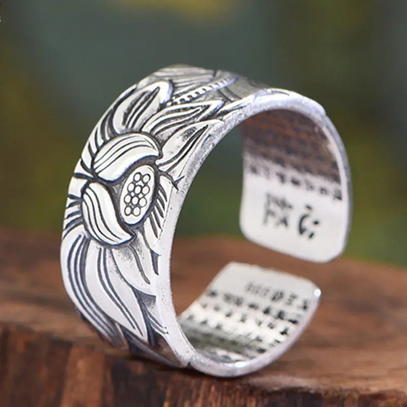 Thai Silver Black Men’S And Women’S Lotus Heart Sutra Ring