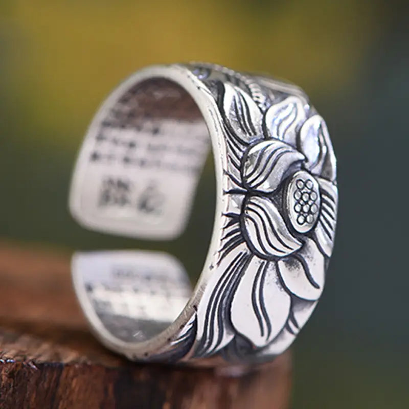 Thai Silver Black Men’S And Women’S Lotus Heart Sutra Ring