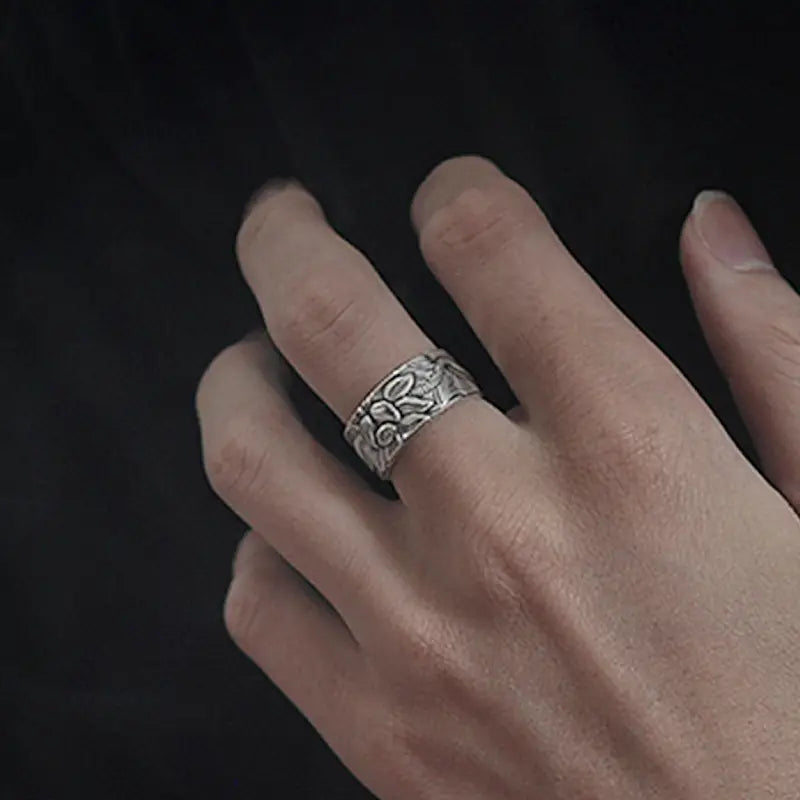 Thai Silver Black Men’S And Women’S Lotus Heart Sutra Ring
