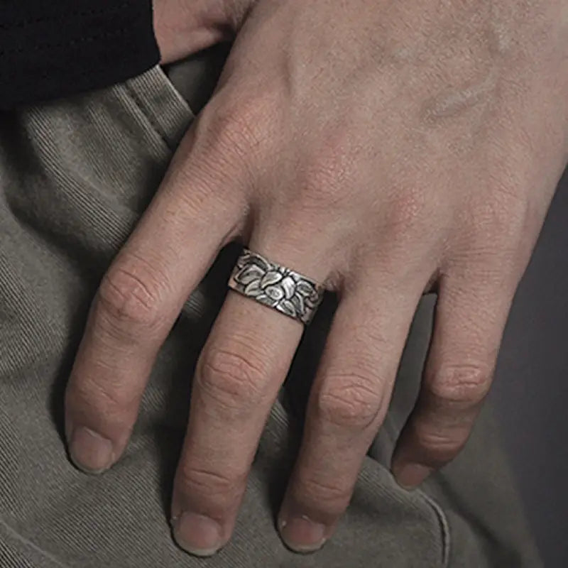 Thai Silver Black Men’S And Women’S Lotus Heart Sutra Ring