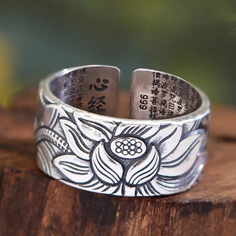 Thai Silver Black Men’S And Women’S Lotus Heart Sutra Ring