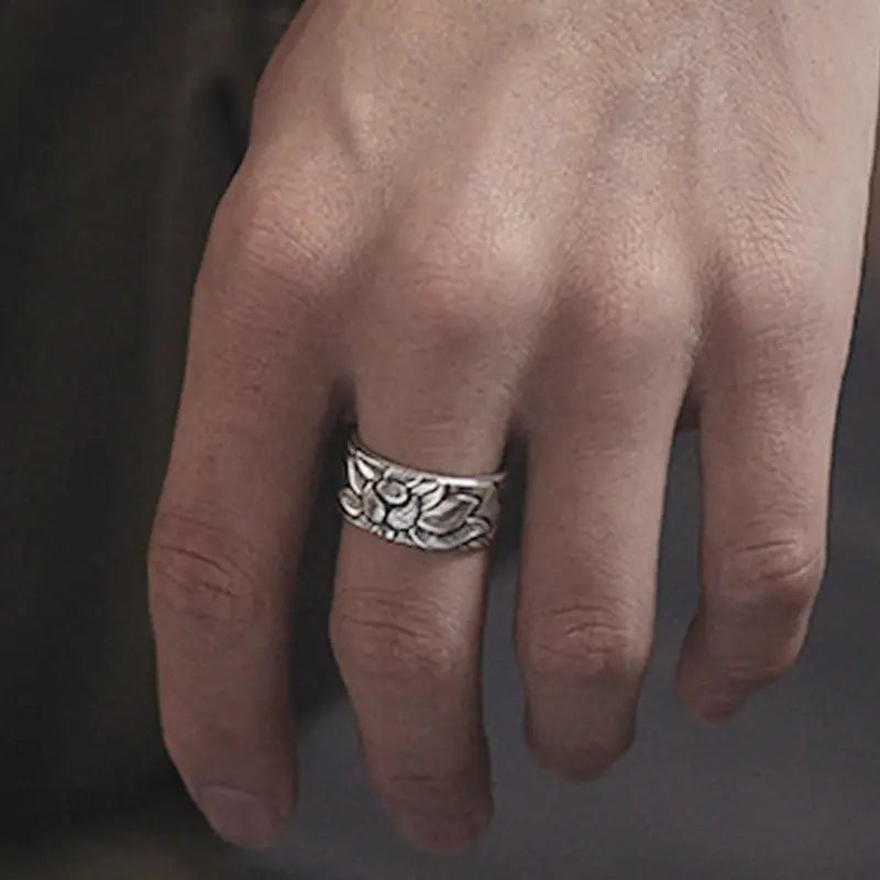 Thai Silver Black Men’S And Women’S Lotus Heart Sutra Ring