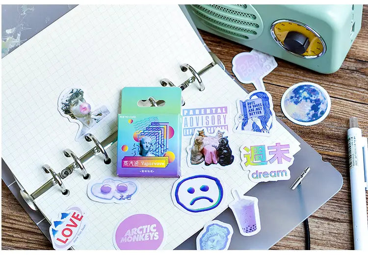 Open ring binder showcasing Sticker Sticker 46 sheets with assorted colorful stickers.
