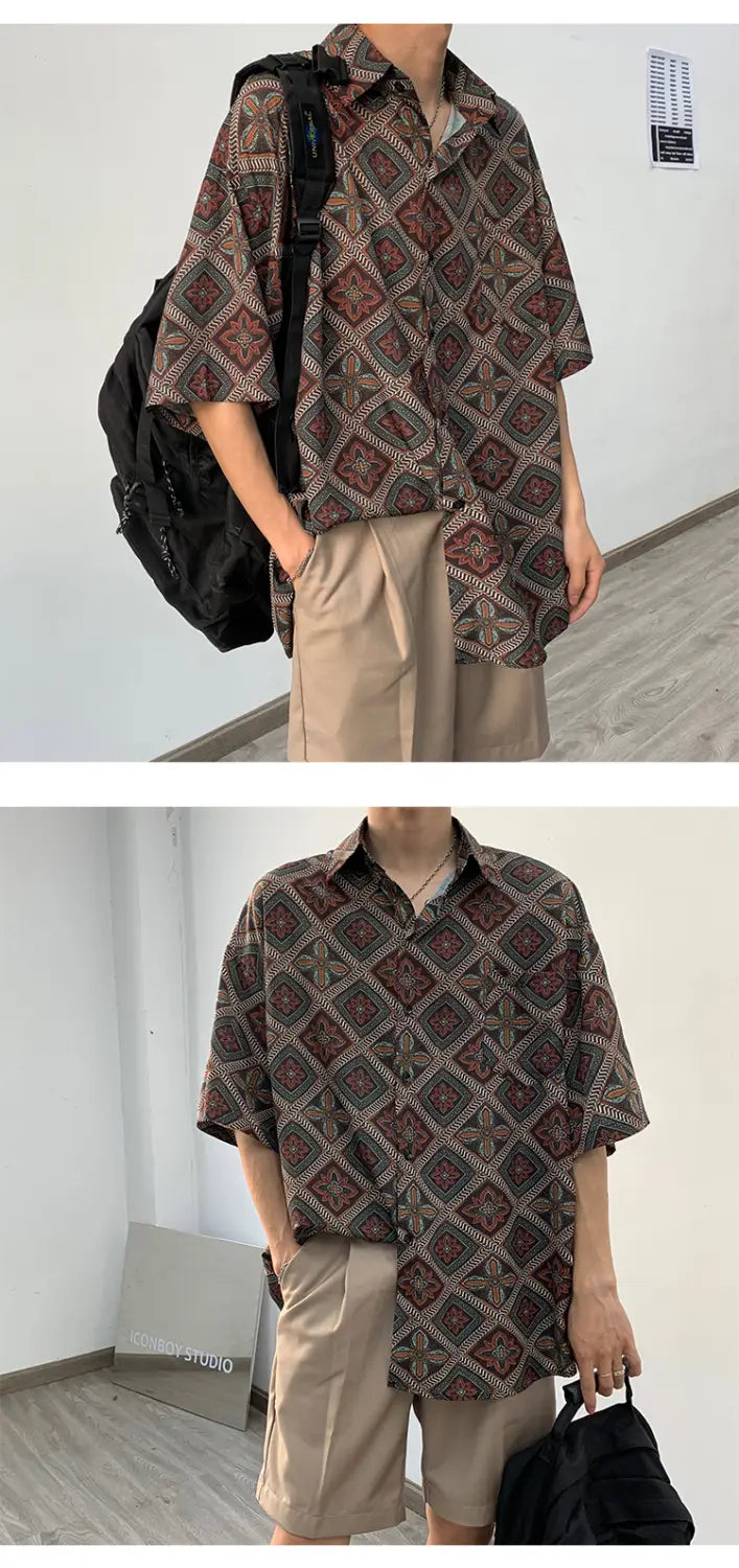 Retro Drape Long-sleeved Floral Shirt Casual Loose Men