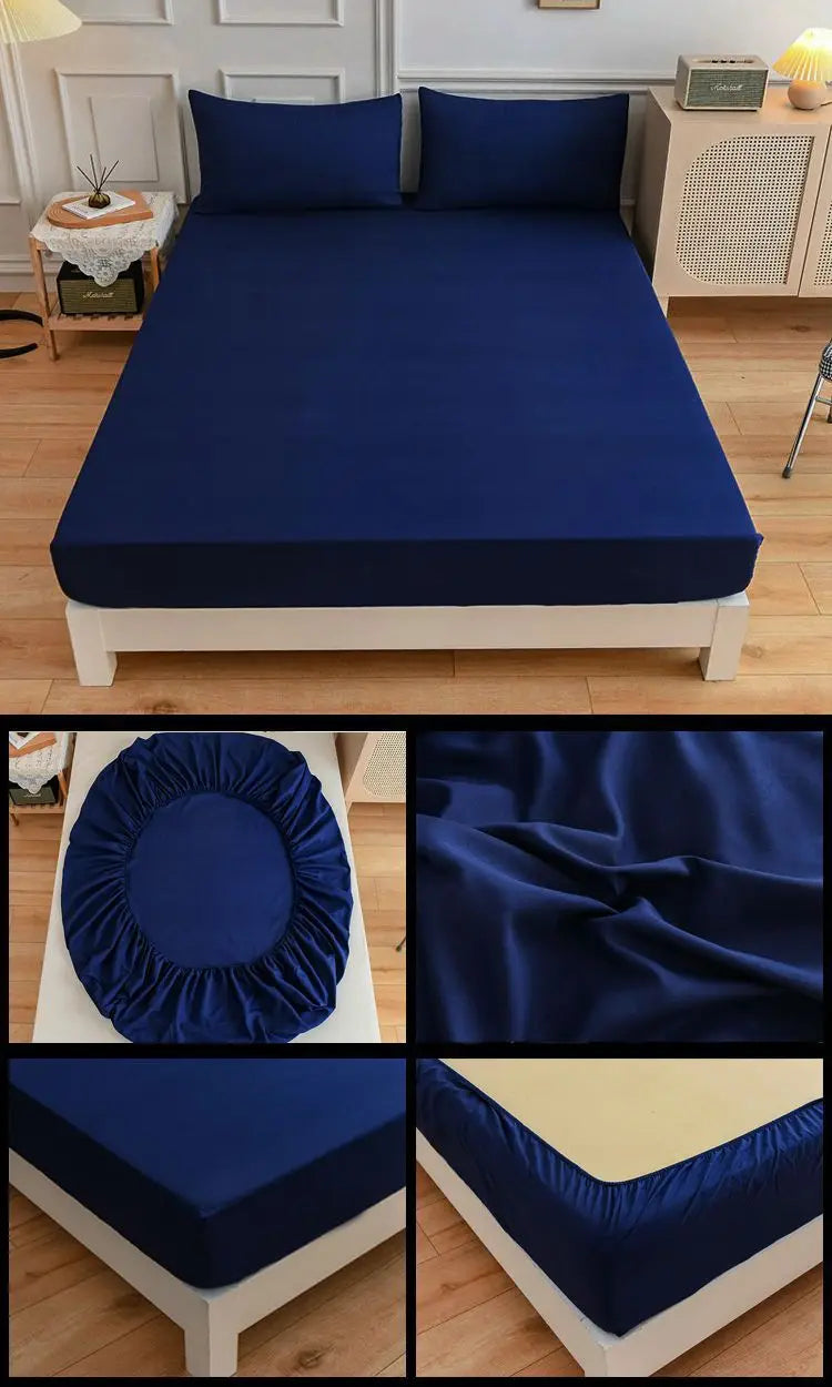 Navy blue fitted sheet set from Students Cotton Bed Sheets with matching pillowcase.