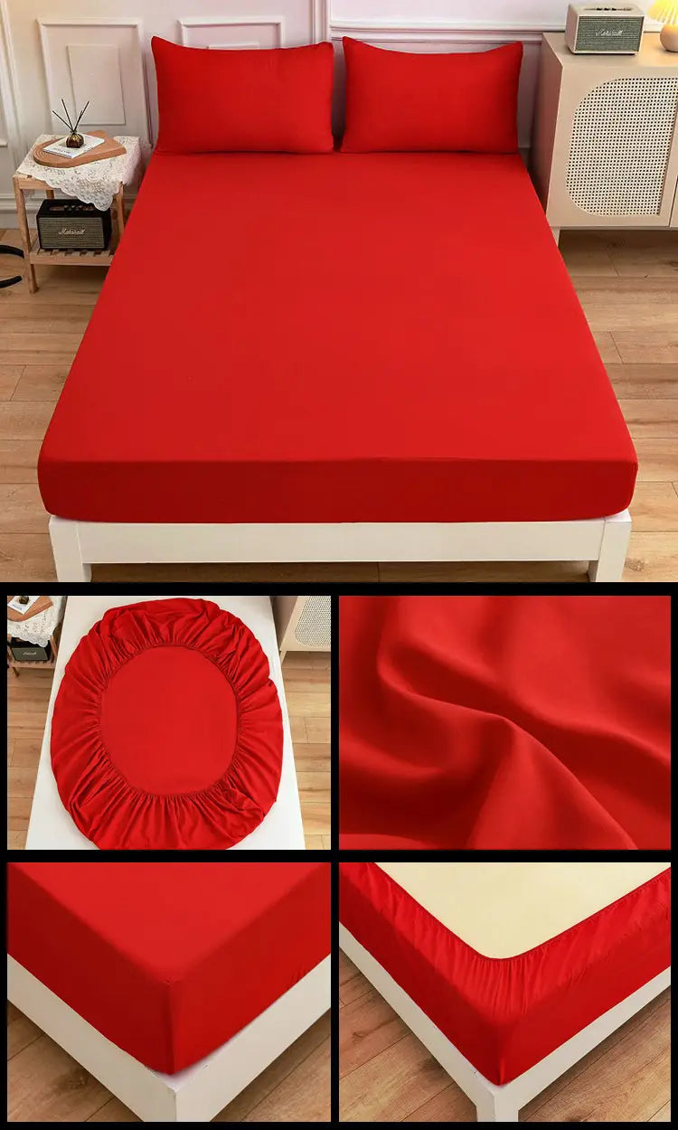 Red fitted bed sheet set from Students Cotton Bed Sheets with matching pillowcase.