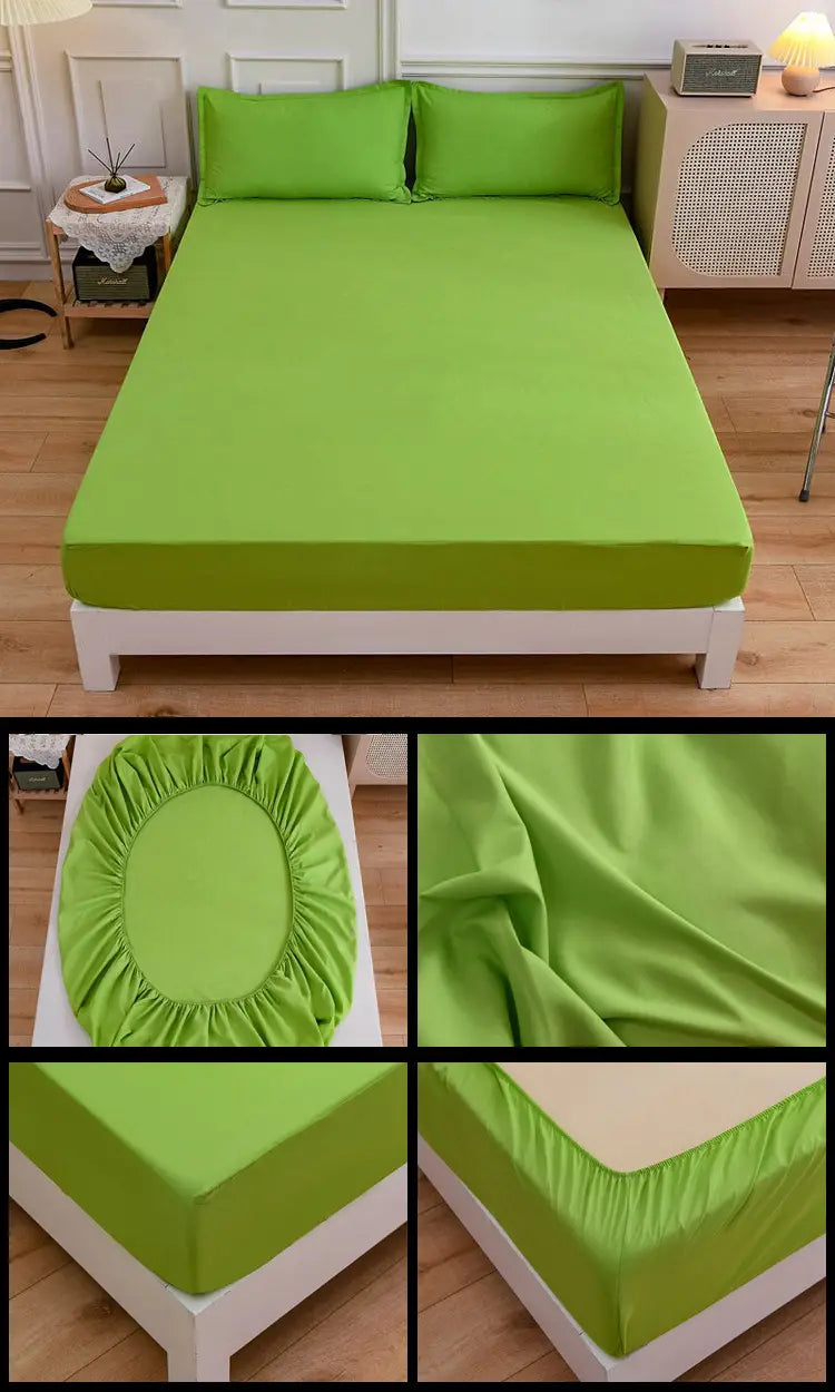 Green fitted bed sheet set from Students Cotton Bed Sheets with pillowcase included.