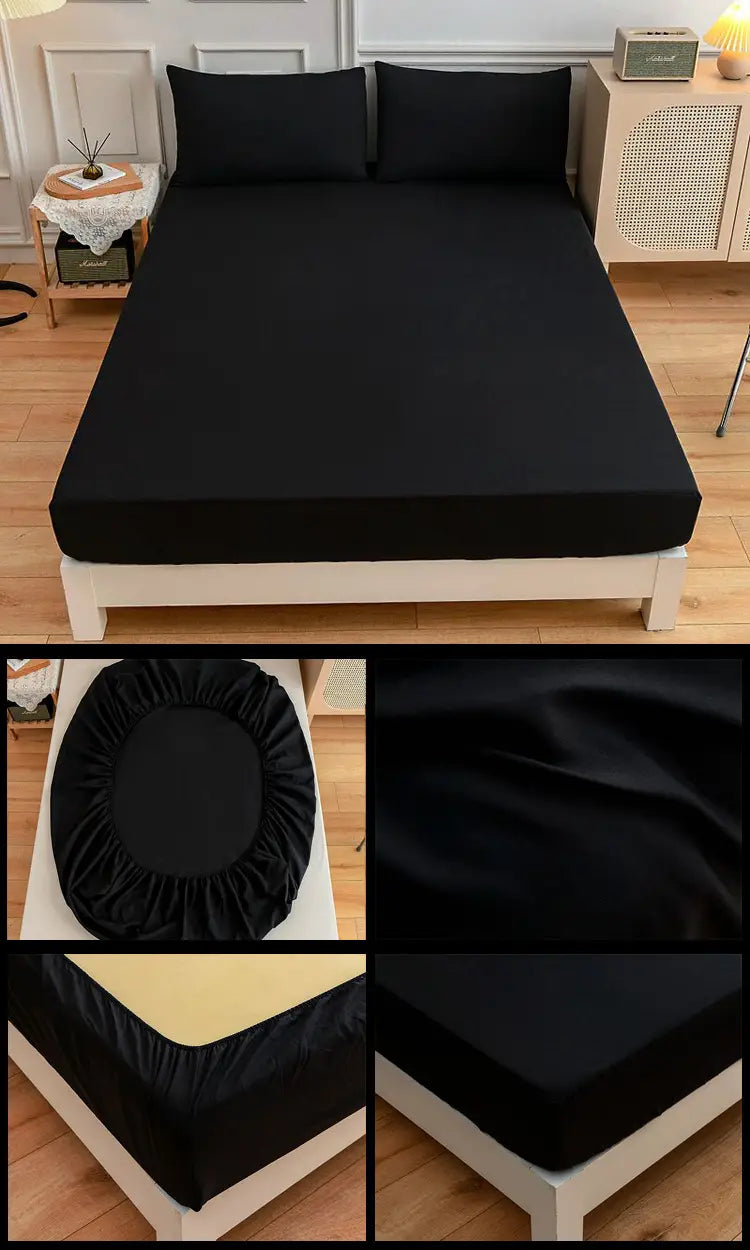Black fitted sheet set from Students Cotton Bed Sheets with matching pillowcase.