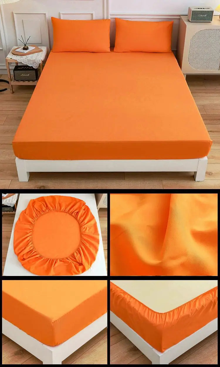 Orange fitted bed sheet set from Students Cotton Bed Sheets with matching pillow case.