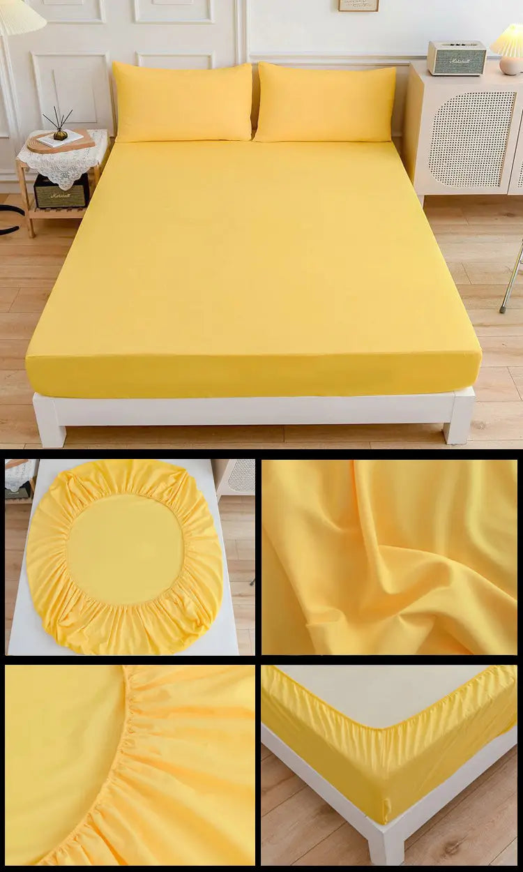 Yellow fitted bed sheet set from Students Cotton Bed Sheets with matching pillowcase.