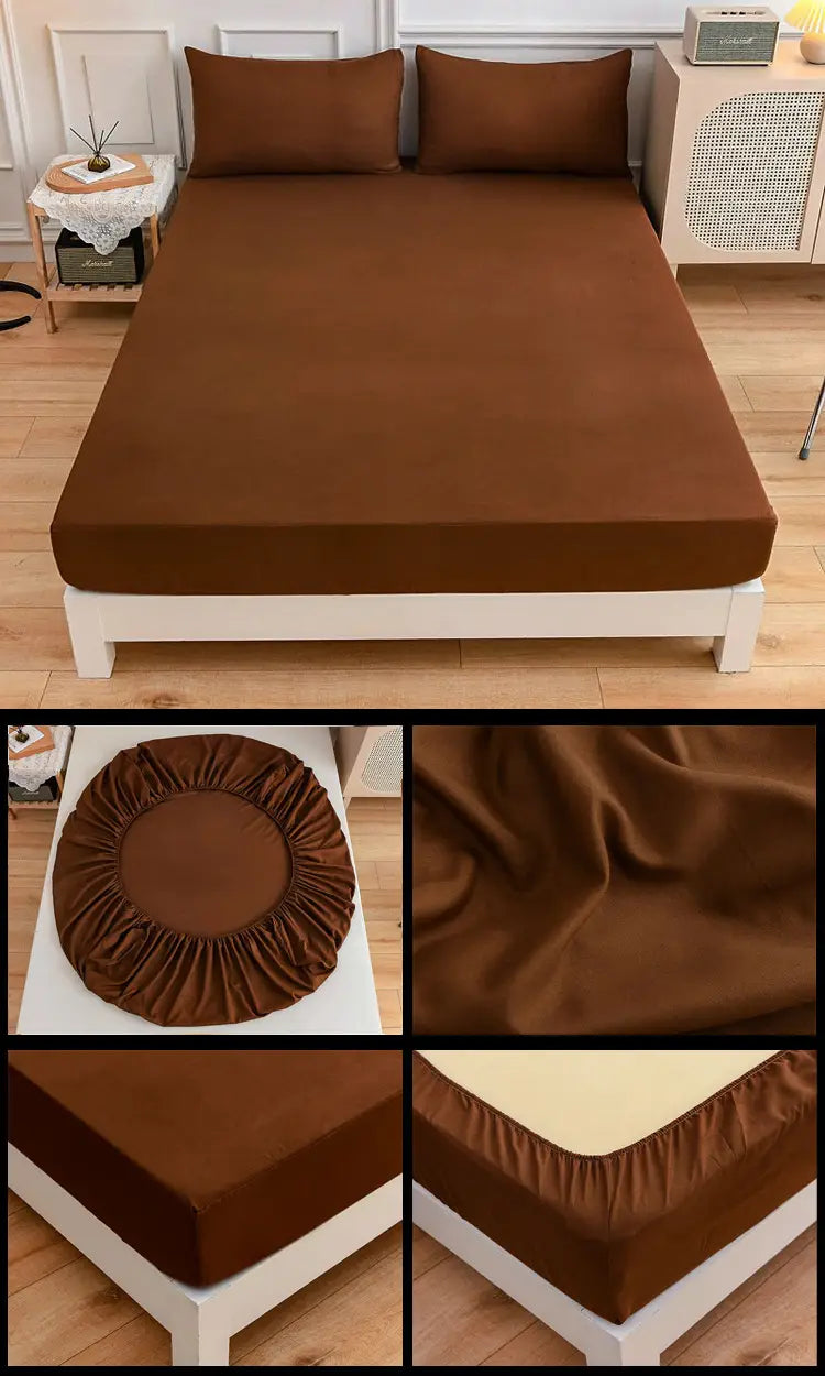 Brown fitted bed sheet from Students Cotton Bed Sheets with matching pillowcase.