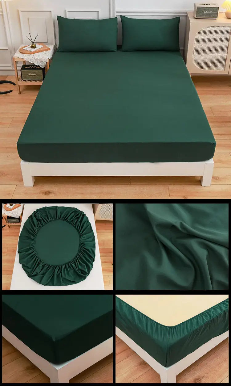 Dark green fitted sheet set from Students Cotton Bed Sheets with matching pillow case.