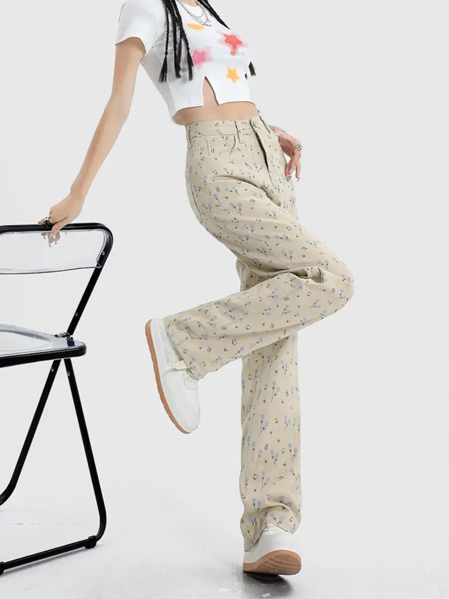 Vintage Floral High Waist Jeans Women’s Wide Leg Straight Casual Pants