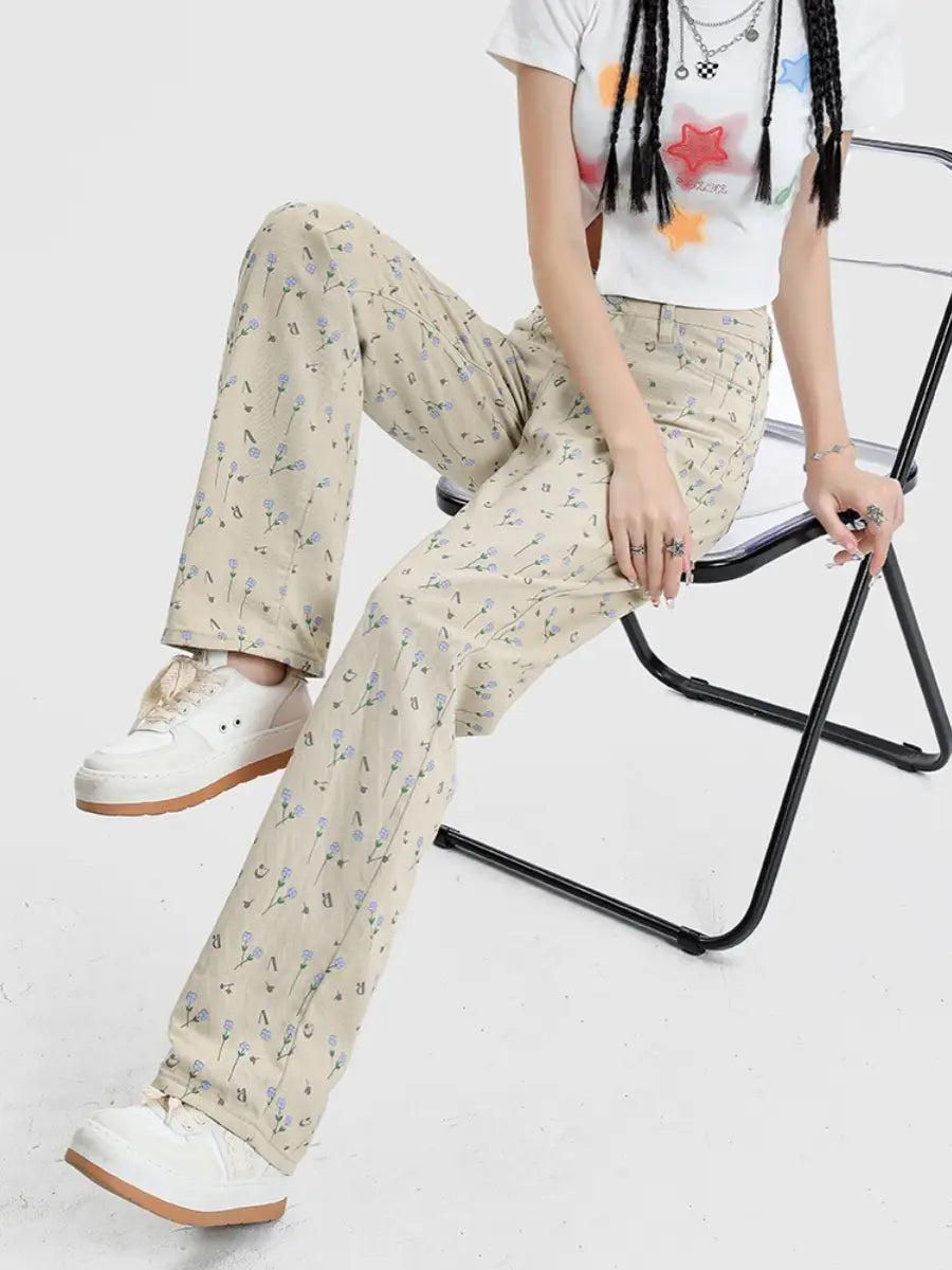 Vintage Floral High Waist Jeans Women’s Wide Leg Straight Casual Pants