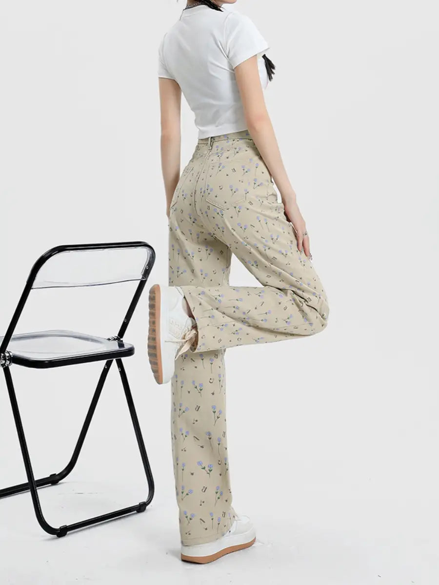 Vintage Floral High Waist Jeans Women’s Wide Leg Straight Casual Pants